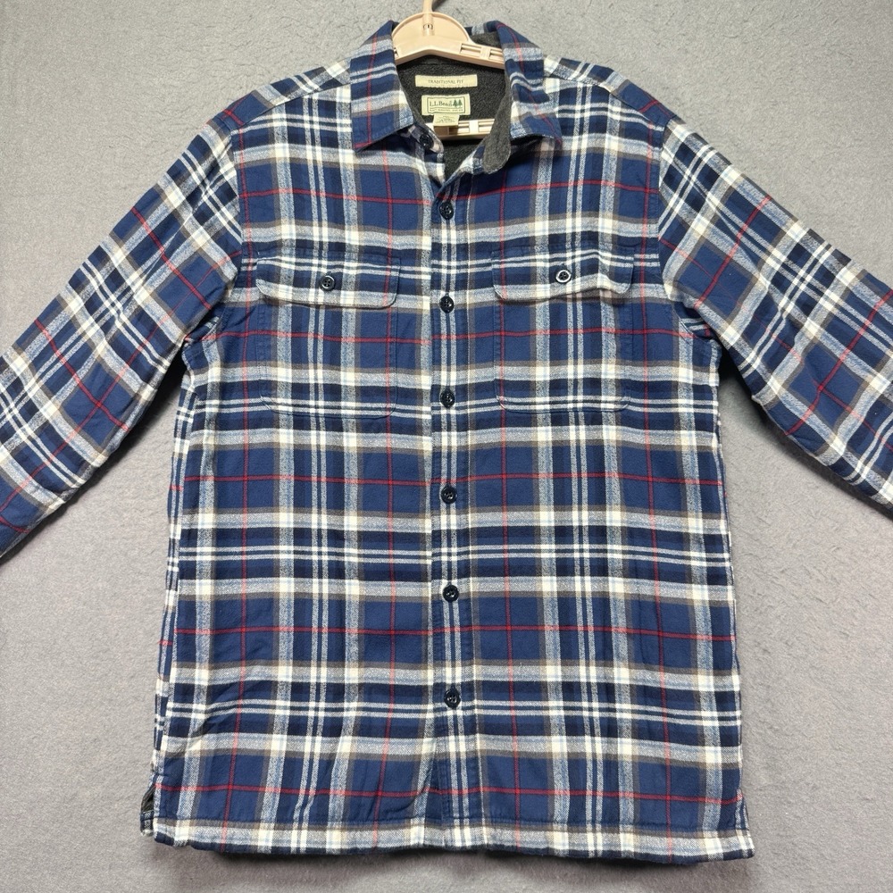 LL Bean Shacket Adult Small Blue White Plaid Long Sleeve Fleece Lined Casual Men